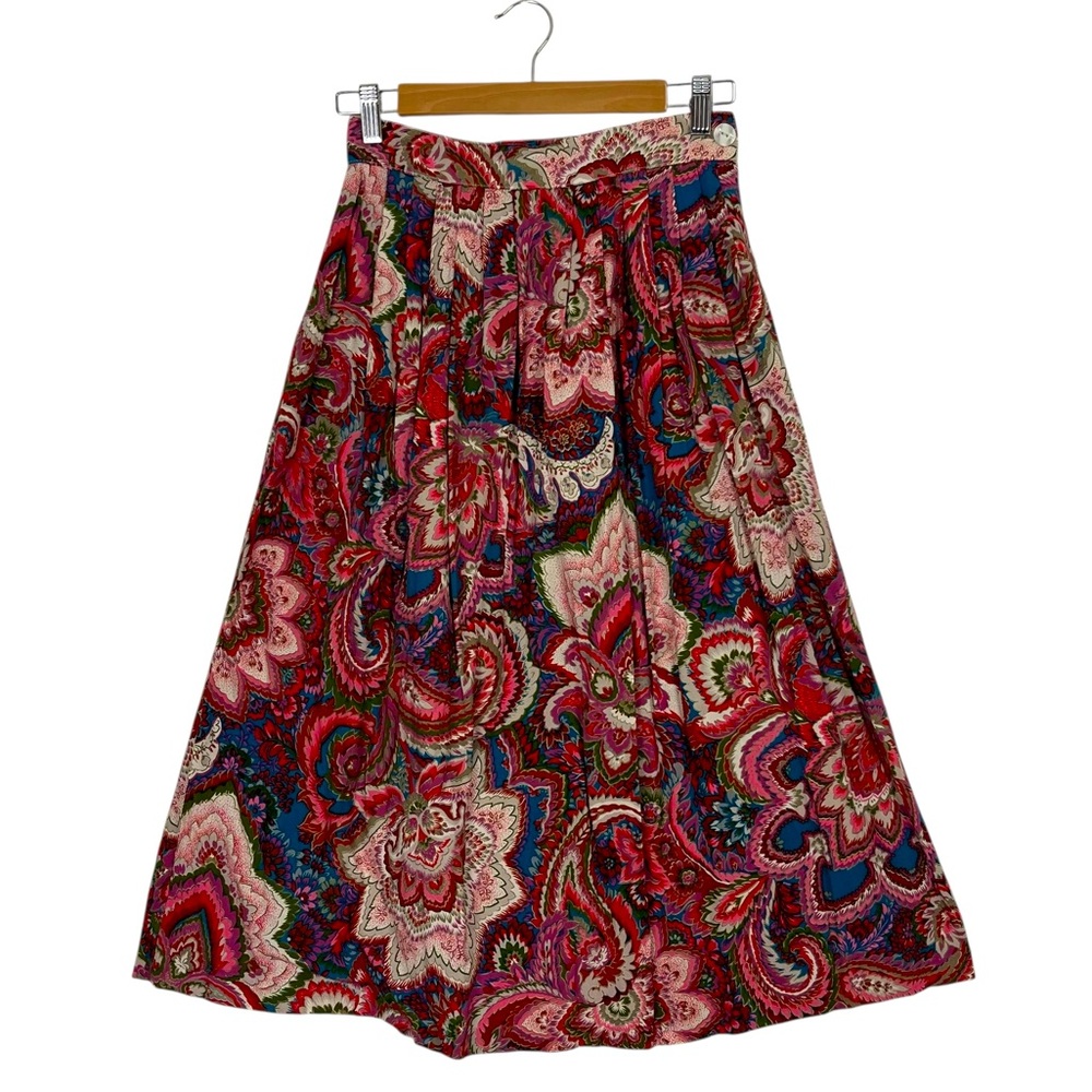 Vintage Index Bold Red Boho Cottagecore Paisley Midi Skirt with Pockets Size 5/6